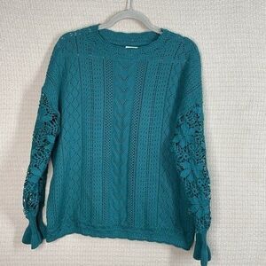 Aqua Green Floral Knit Boho Lace Sleeve Crochet CrewNeck Sweater Women Size L